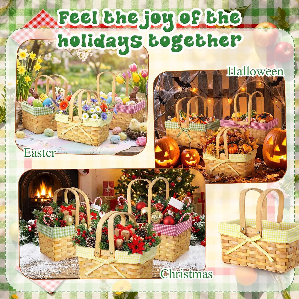 3 Pcs Different Sizes Picnic Basket with Handles Spring Plaid Gingham Checkered Liner Basket Rustic Woven Hamper for Picnic Camping Outdoor Egg Gathering Candy Gift(Pink,Green,Yellow)