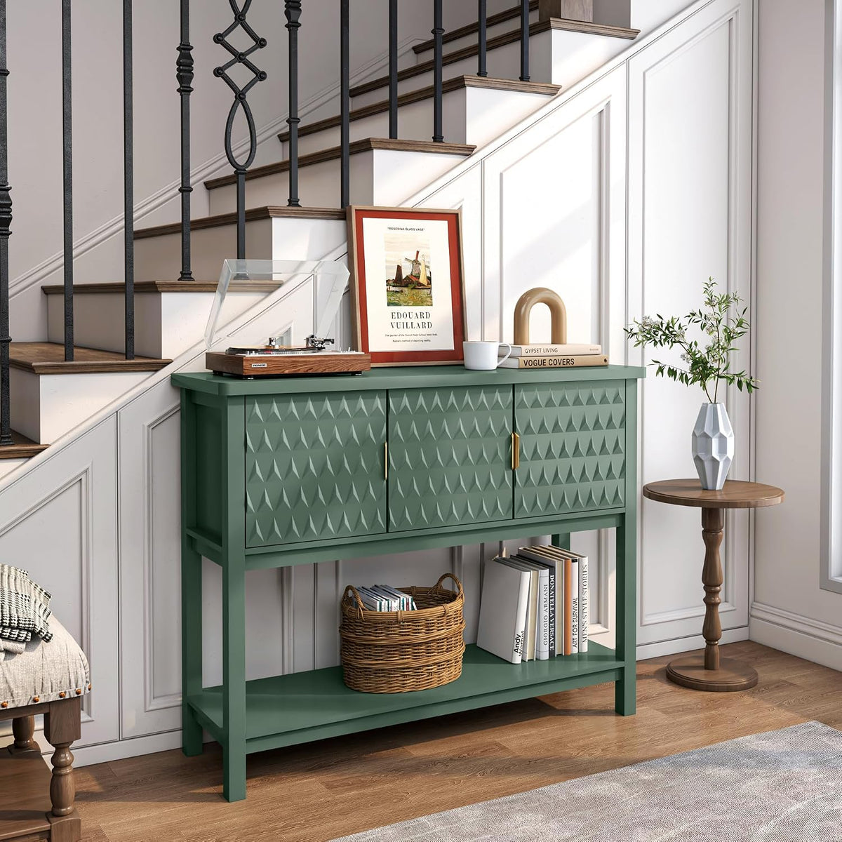 42” Modern Console Table with 3 Diamond Doors & Shelf for Entryway, Green