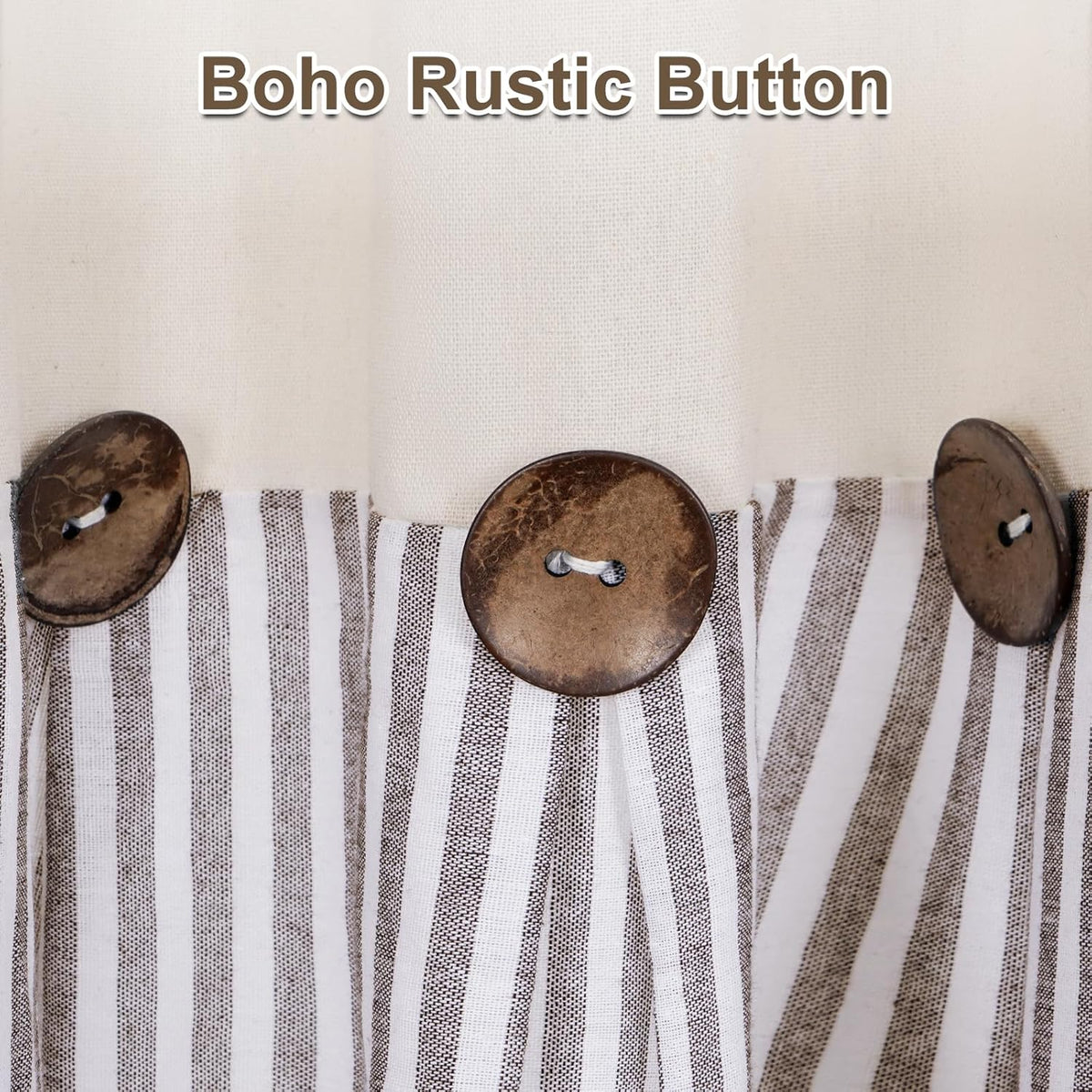 ASPMIZ Cotton Linen Farmhouse Curtains Boho Rustic Button Panel, Country Window Curtain Panels, Brown Stripe Modern Curtains for Living Room, Back Tab & Rod Pocket Curtain 52 x 63 Inch, 2 Panels