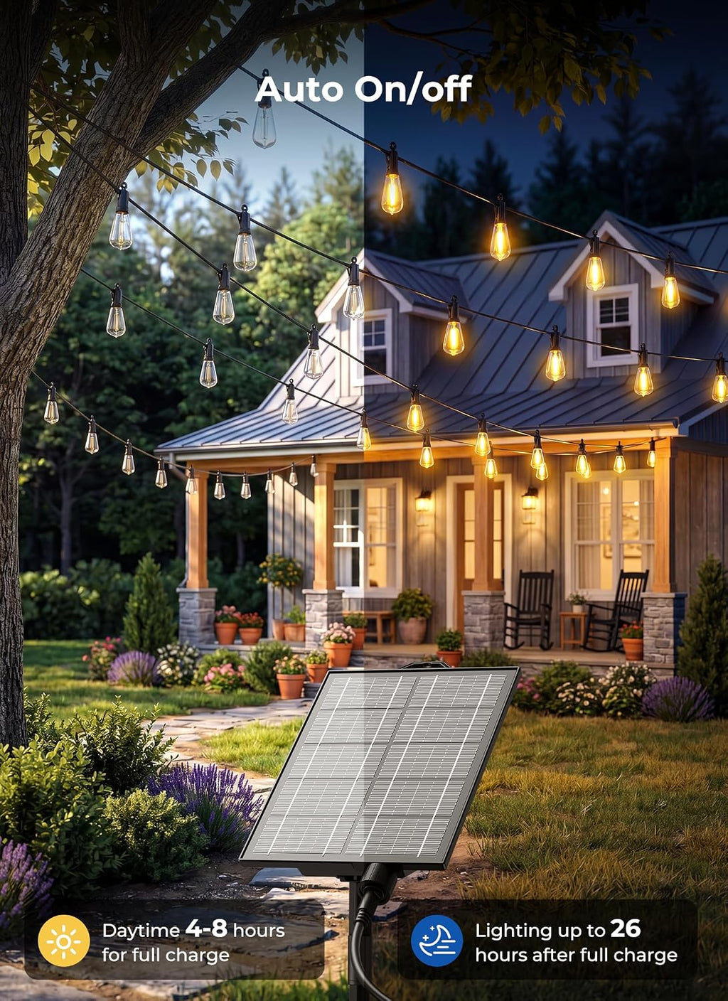 brightown 100ft solar string lights outdoor, 31+2 shatterproof, side view
