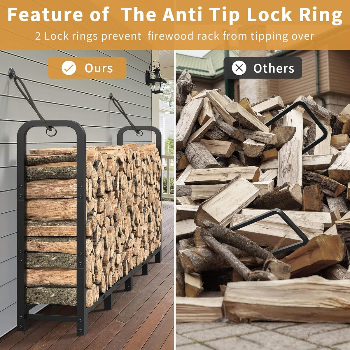 Mr IRONSTONE 8ft Firewood Rack Outdoor Indoor, Upgraded Heavy Duty Adjustable Fire Wood Rack Holds Up to 4500lbs, Fireplace Log Holder Wood Storage for Porch Patio, Easy Assembly