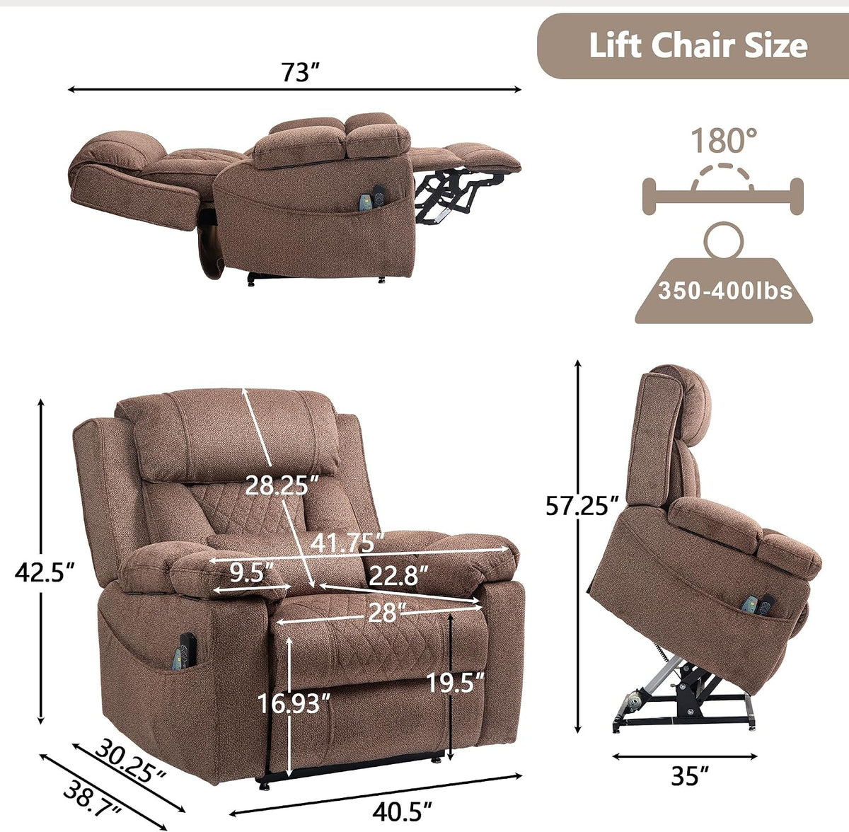 FUNECORP Big Man Power Lay Flat Lift Recliner Chair,Brown