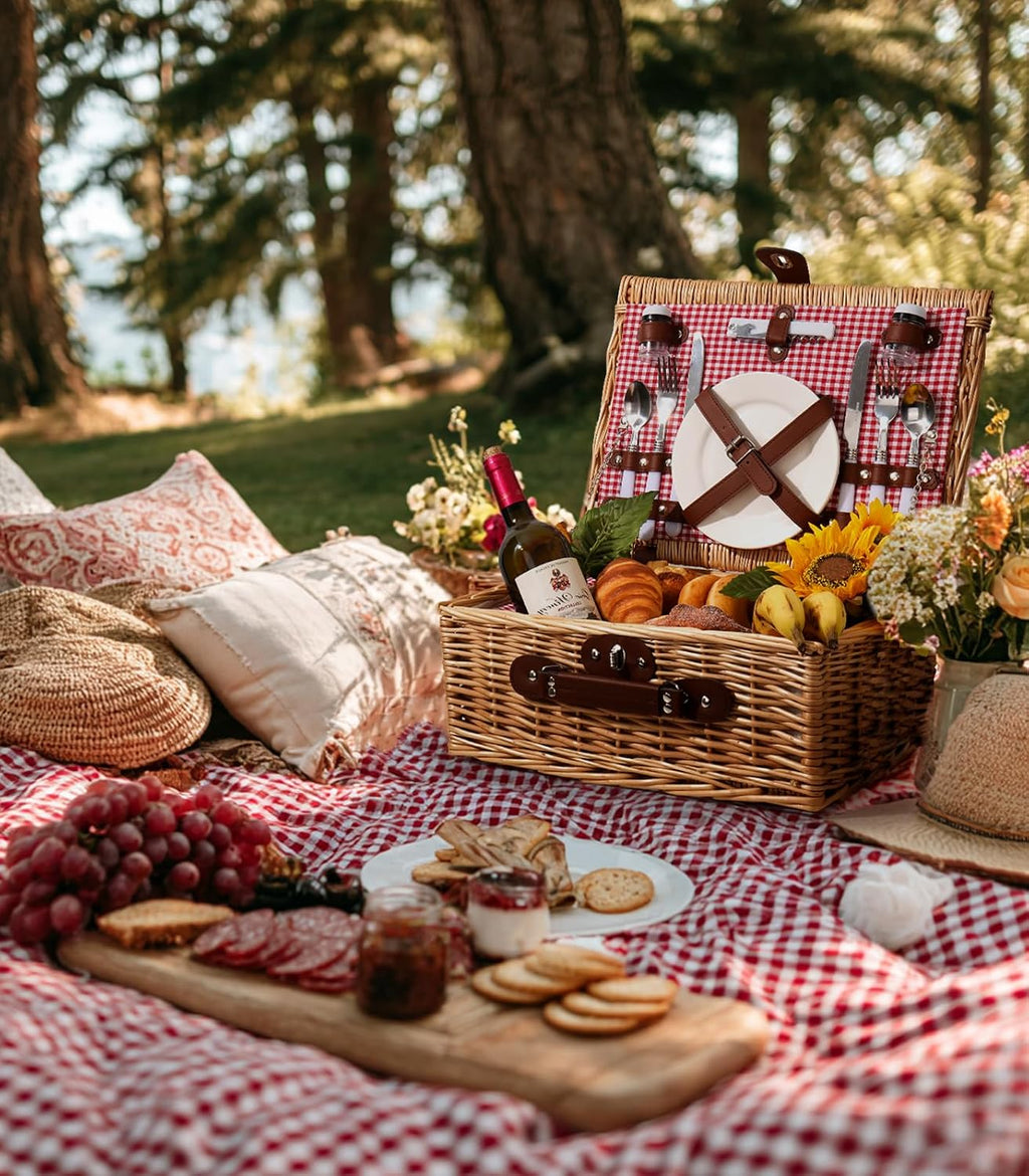 Picnic Basket for 2 with Lid and Handle Waterproof Picnic Blanket