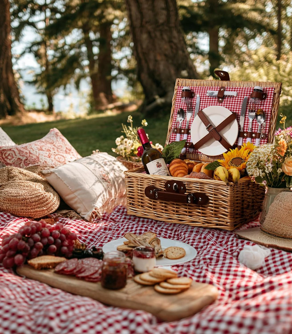 Picnic Basket for 2 with Lid and Handle Waterproof Picnic Blanket