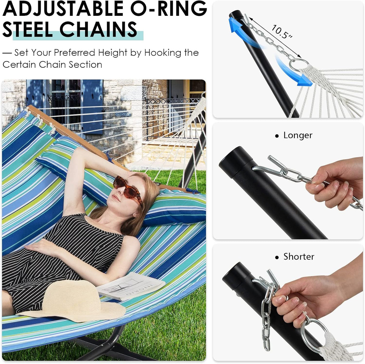 Tangkula 10.5FT Heavy Duty Double Hammock w/Detachable Pillow (Blue+Green)