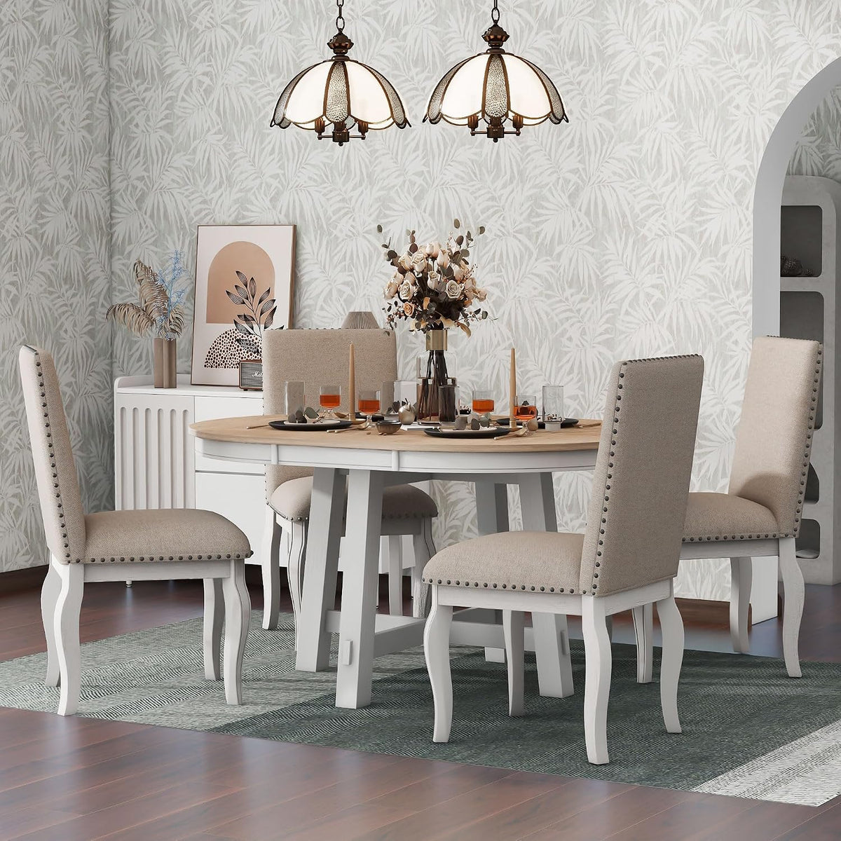 Merax Farmhouse Dining Table Set - 5-Piece Wood Round Extendable Table and 4 Upholstered Dining Chairs (Oak Natural Wood + Antique White)