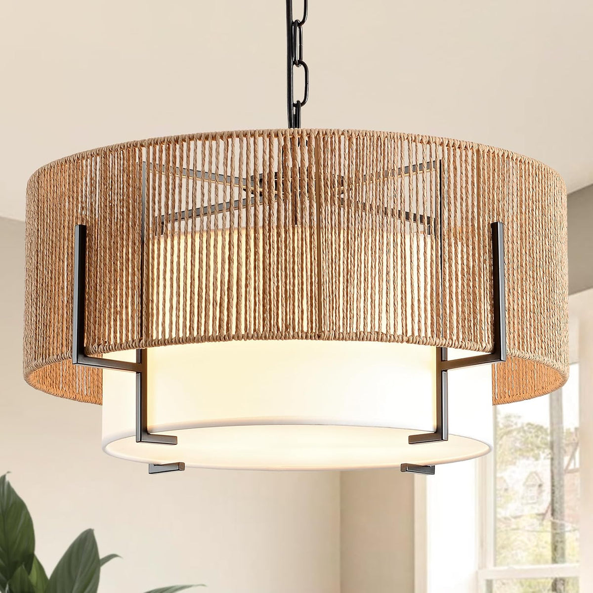 4-Light Rattan Chandelier for Dining Room, 19.7" Boho Pendant Light