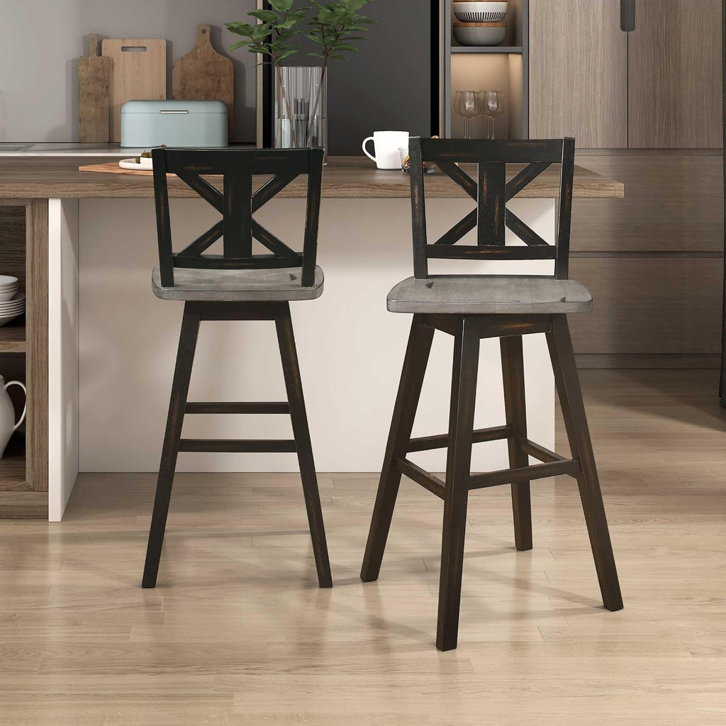 Lexicon Swivel Bar Height Stools Set of 2, X Back, Antique Black/Grey