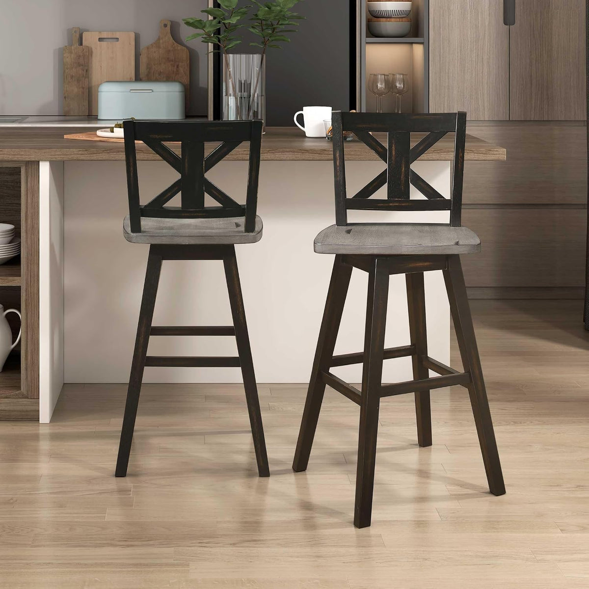 Lexicon Swivel Bar Height Stools Set of 2, X Back, Antique Black/Grey