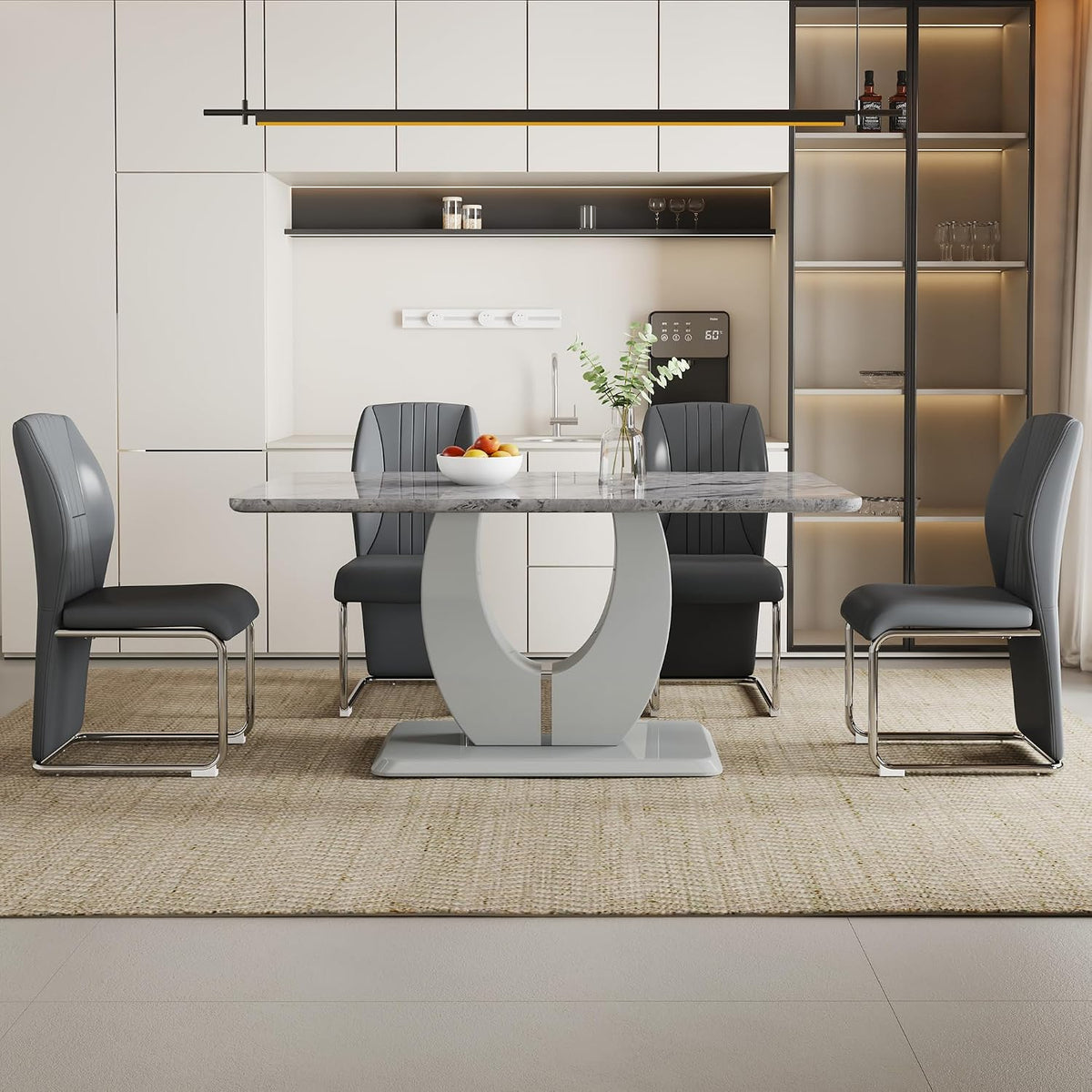 JUFU Modern Dining Set Table and 4 Chairs,Grey Faux Marble Dining Table Set for 4,Dining Room Table Set and 4 PU Leather Upholstered Dining Chairs,63'' Large Dinner Table Set