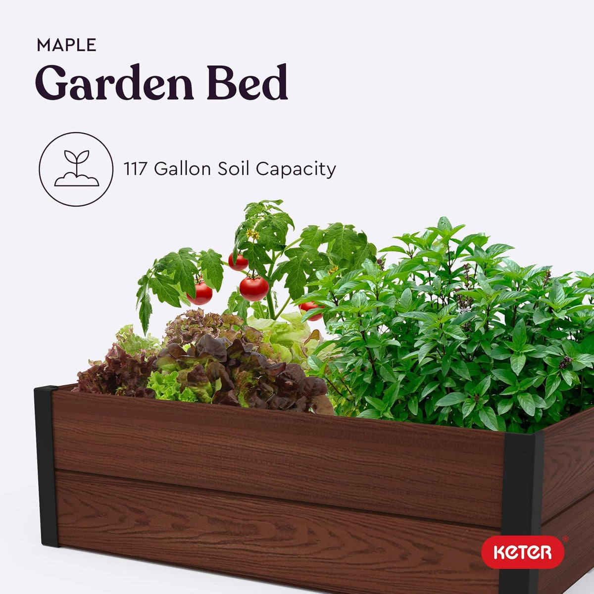 Keter 48" X 48" inches Wood Look Raised Garden Bed, Durable Outdoor Herb Garden Planter for Vegetables, Flowers, and Succulents, Brown