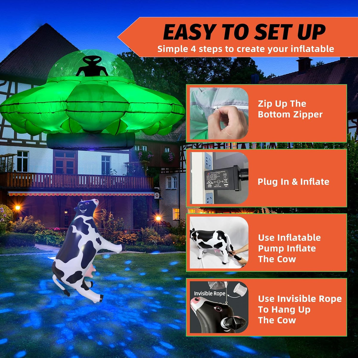 Alien Party Decorations 4.2FT Hanging UFO Cow Abduction Inflatable Alien Inflatable UFO Halloween Blow Up Built-in Green LED Blue&White Flashing Light with Cow Outdoor Indoor Home Garden Lawn Decor