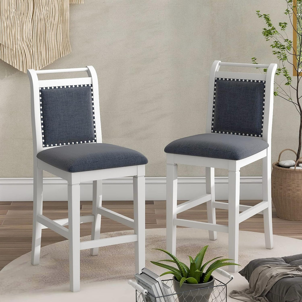Farmhouse 3-Piece Counter Height Dining Table Set, Half-Round Drop Leaf Dining Table with 2 Upholstered Dining Chairs, Heavy Solid Wood Breakfast Kitchen Dining Room Set for Small Space (White-3PCS)