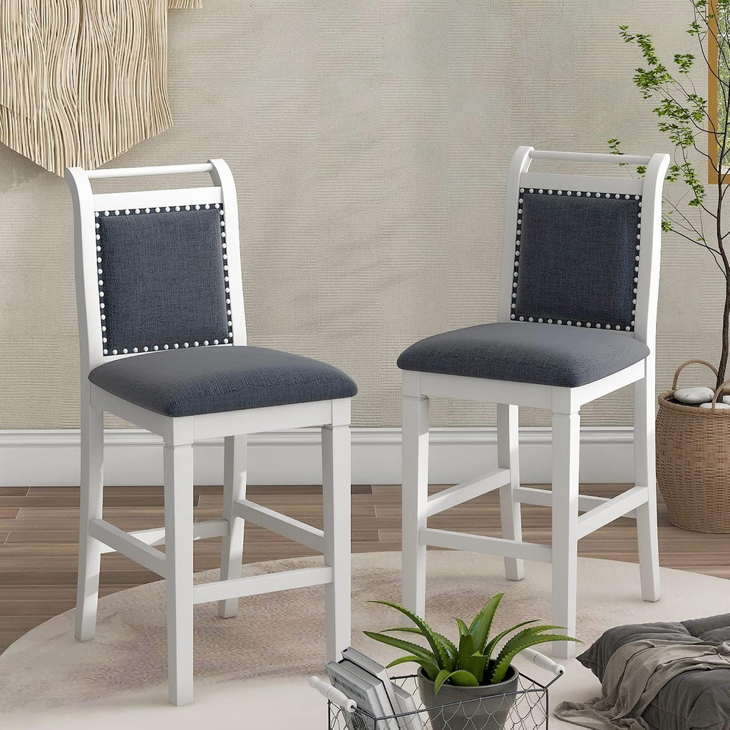 Linique 3-Piece Drop Leaf Dining Table Set with 2 Upholstered Chairs, Wood Counter Height Table & Chair Set for Small Place, White+Dark Gray Cushion