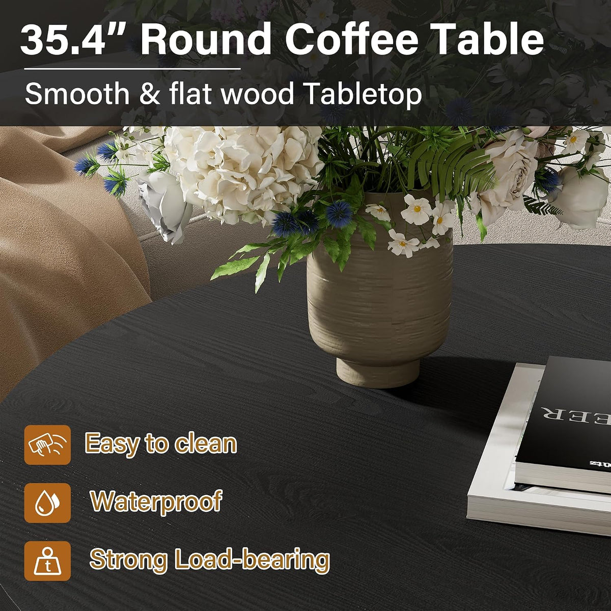 Furniway Round Coffee Table, 35.4" Circle Wide Coffee Table, Wood Table and Center Table for Living Room, Black