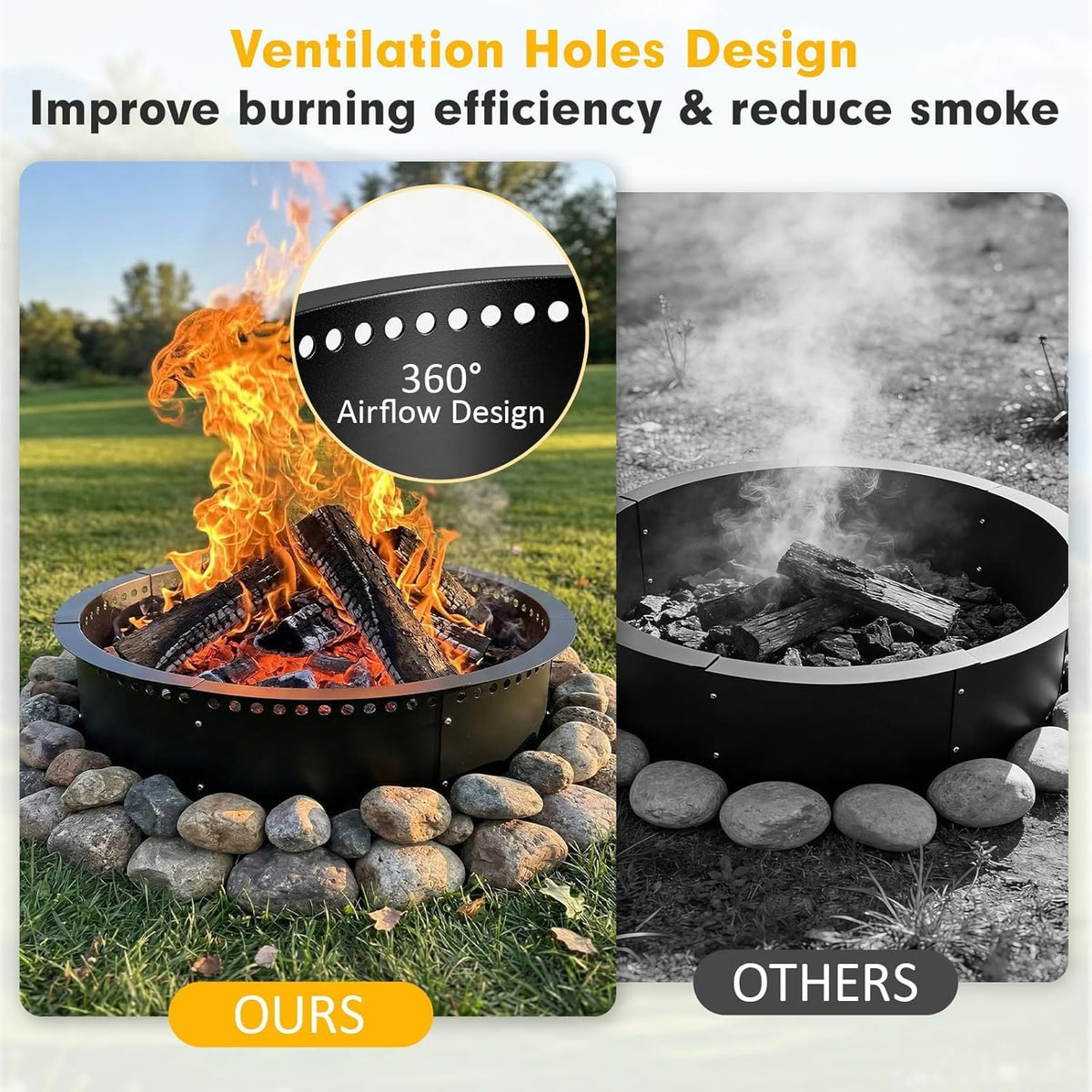 Smokeless Fire Pit Ring, 32 inch Outer/28 inch Inner Outside Fire Pit, Heavy Duty Large Solid Metal Steel Round Firepit Rim Insert for Outside Wood Burning, DIY Campfire Ring