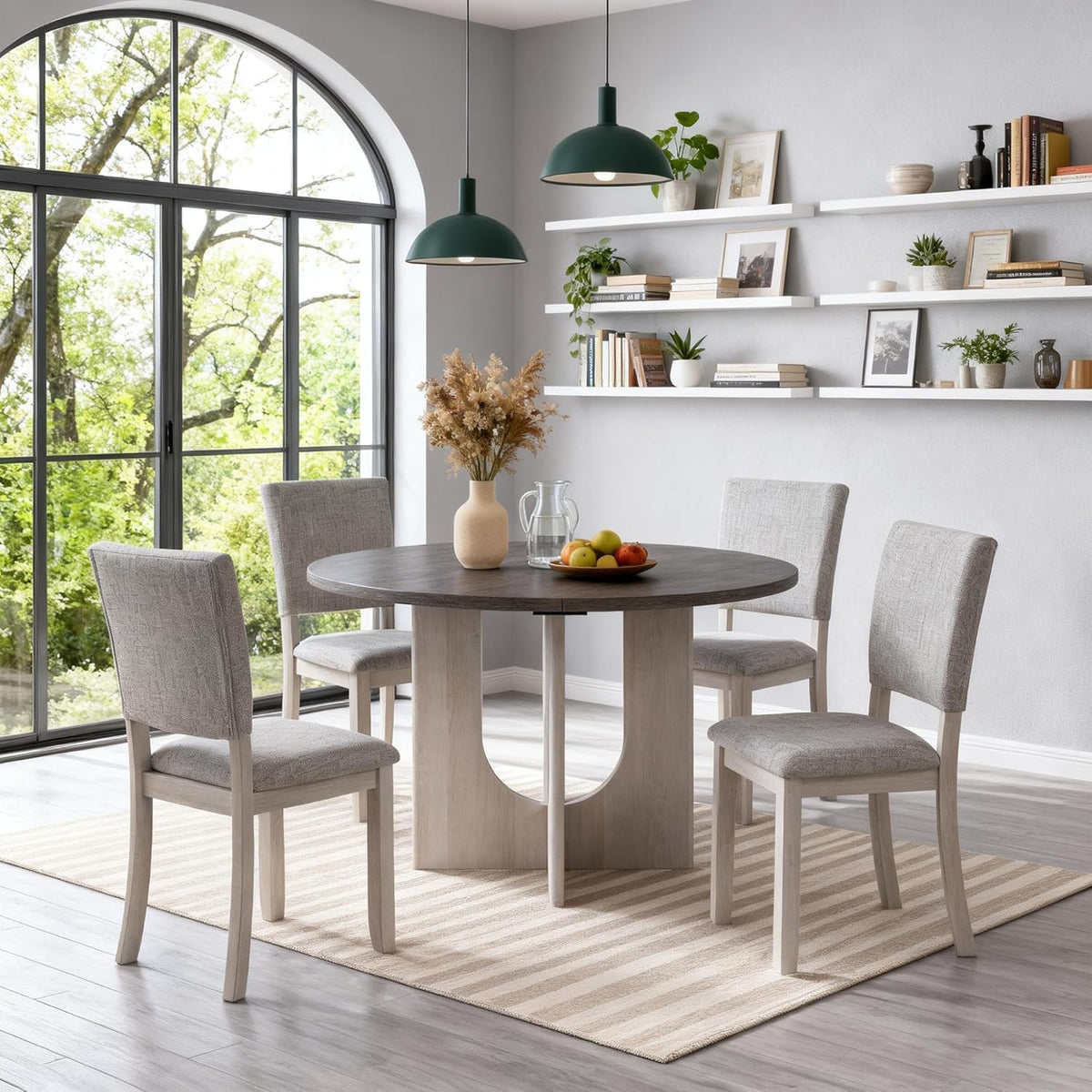 leovanni Round Dining Table Set for 4, Kitchen Table with 4 Upholstered Chairs, 5-Piece Wood Dining Table and Chairs Set for Kitchen, Patent Pending