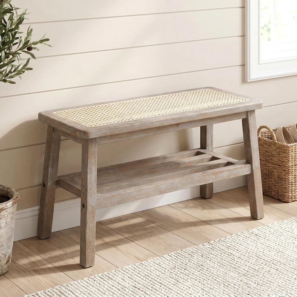 ROCITY 30 Inch Rattan Bench Wooden Entryway Bench with Shoe Rack