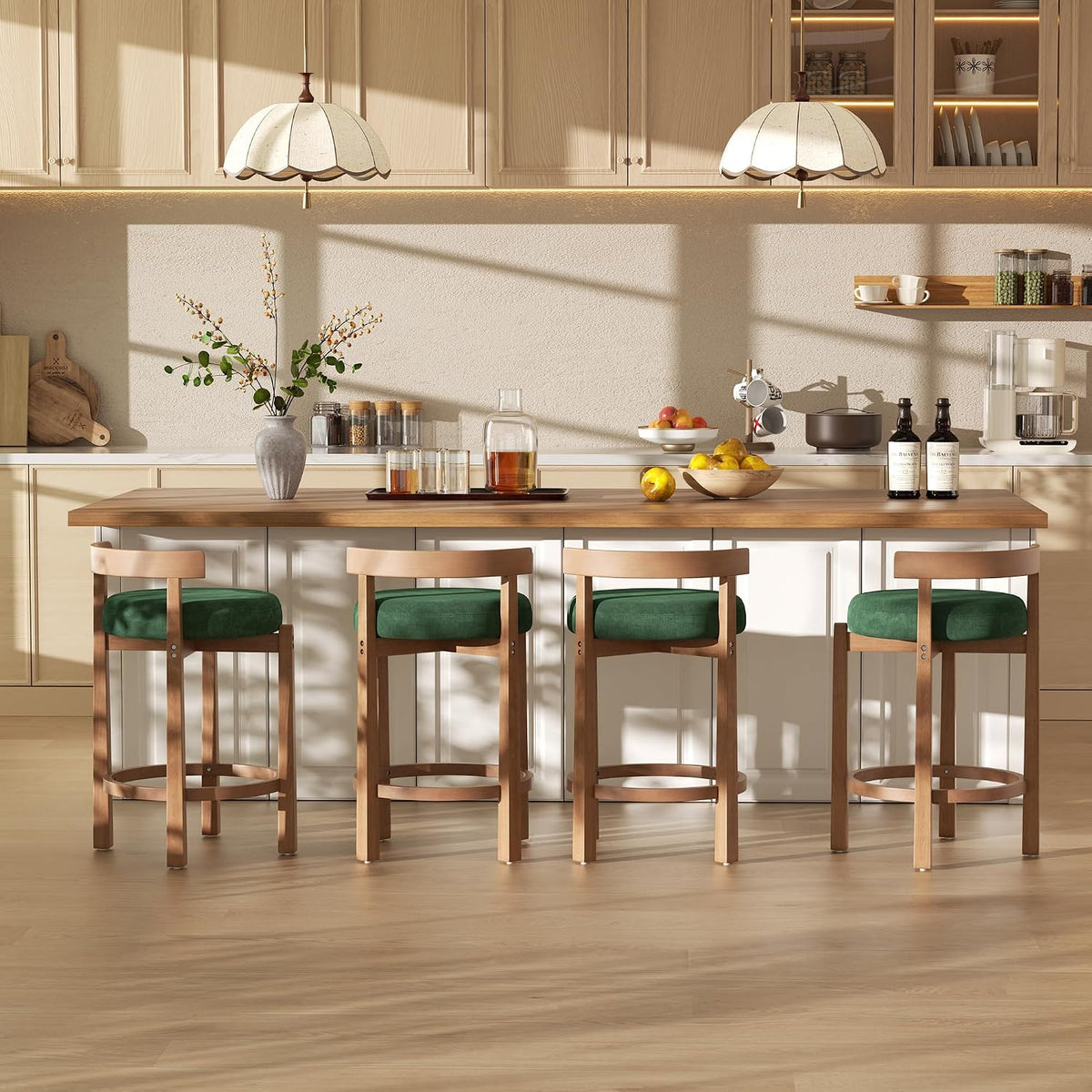 Bar Stools Set of 4, 26" Upholstered Counter Height Bar Chairs, Mid Century Modern Barstools Low Back Round Counter Stools with Wood Legs for Kitchen Island, Green