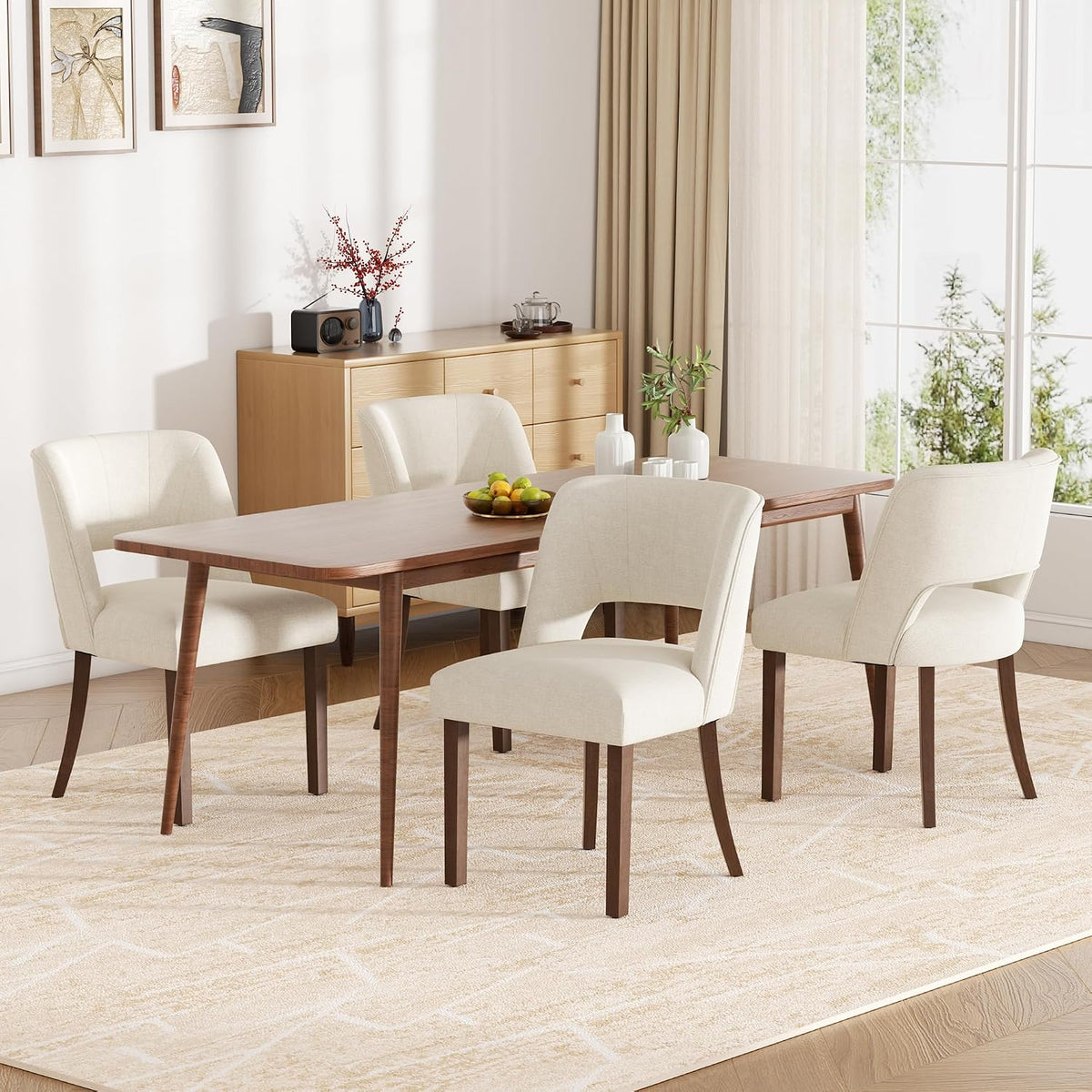 Dining Chairs Set of 4,Modern Dining Room Chairs with Thick Cushions,Linen Upholstered Kitchen Dining Chairs with Wood Legs for Kitchen Dining Room Living Room,Beige
