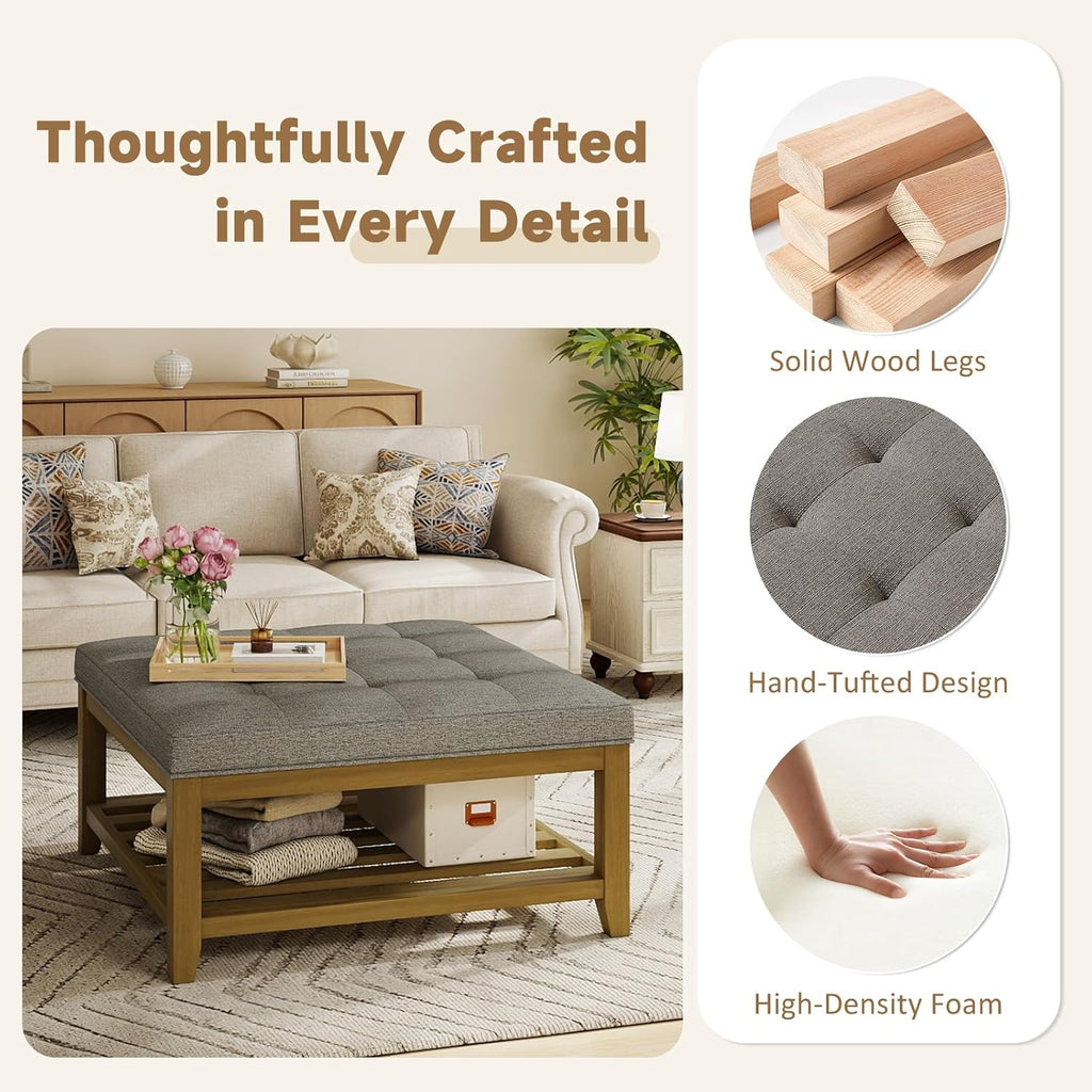 Befurtori Large Square Ottoman Coffee Table, Linen Solid Upholstered Footrest Ottoman with Solid Wood Shelf Storage Tufted Coffee Table for Bedroom Living Room, Granite