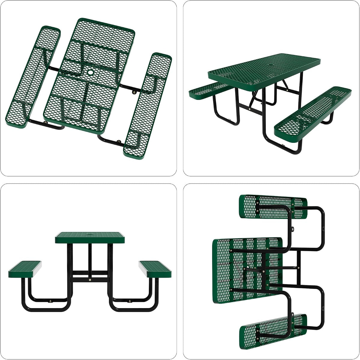 Picnic Tables for Outdoors,Commercial Metal Picnic Table Bench Set with Umbrella Hole,School Canteen Tables W/Seats - Heavy Duty Sturdy Picnic Tables Furniture for Patio Garden (Green, 4FT)