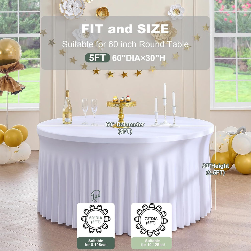 Outpain 6 Pack White Round Spandex Tablecloths for 60in Tables, 120Inch Stretchy Fitted 5FT Round Table Clothes,Wrinkle Free Table Cover with Skirt for Wedding Party Dining Banquet