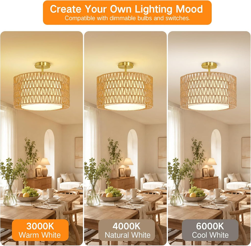 outon 17" boho rattan semi flush mount ceiling shown in use