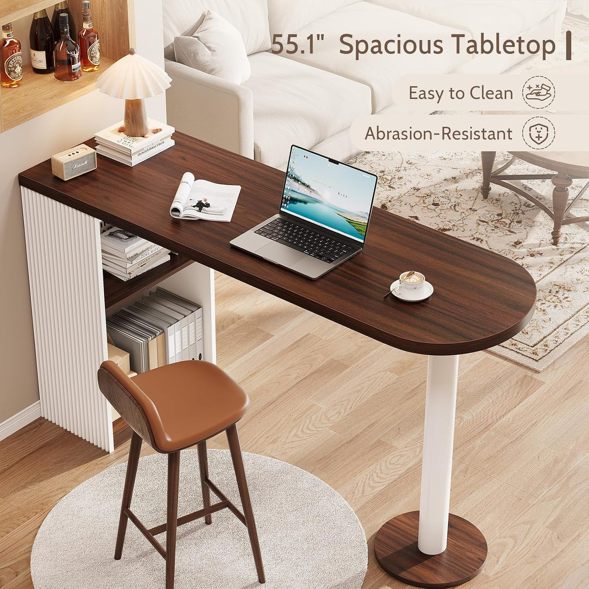 55" Bar Table with Storage, Modern Counter Height Table, Walnut