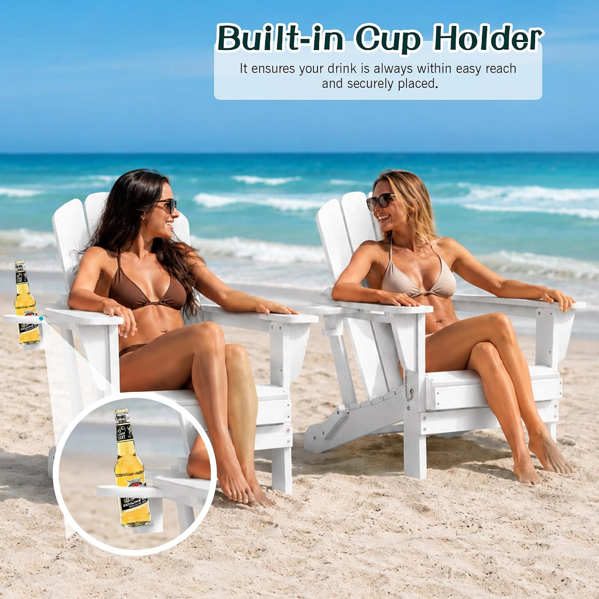 Domi Folding Adirondack Chair Set of 8, HDPE All-Weather Adirondack Chairs with Cup Holder, Outdoor Plastic Fire Pit Chairs Wood Texture for Poolside, Patio, Backyard, Deck (White)