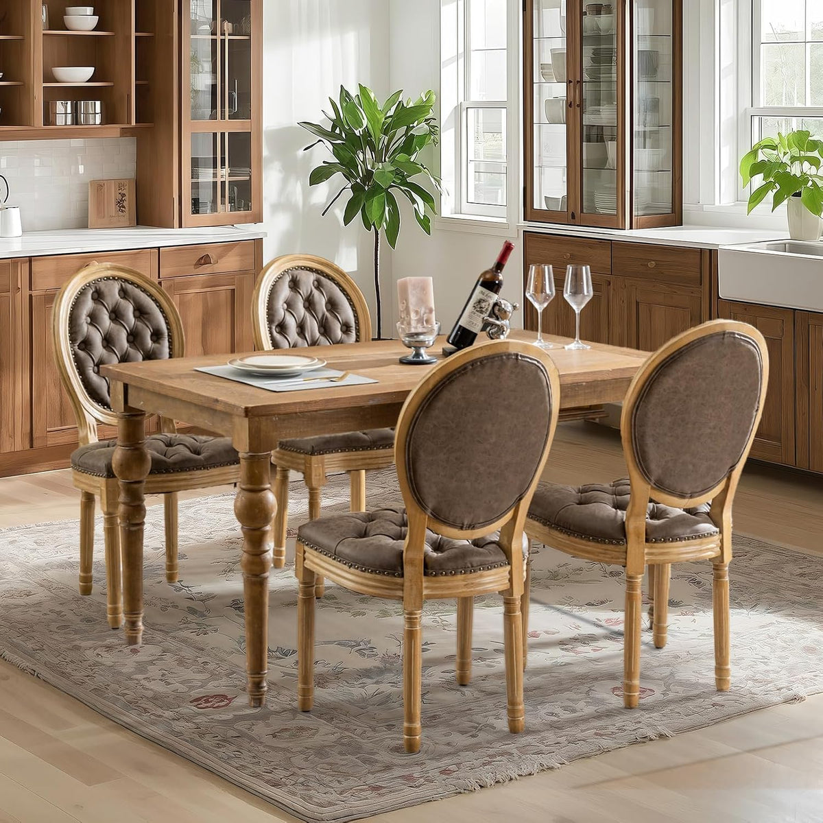 French Country Dining Chairs Set of 4,Upholstered PU Leather Chairs with Round Back,Solid Wood Legs,for Living Room, Kitchen, Restaurant,Brown
