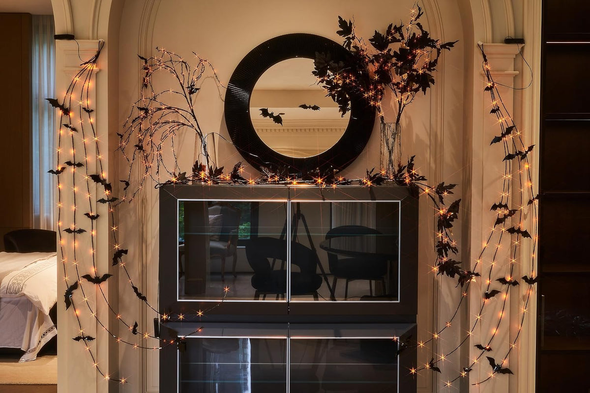 Birchlitland Halloween Black Maple Garland with Lights Timer 48 LED Orange and Warm White Fairy Lights, Battery Operated for Indoor and Outdoor Halloween Party Decoration
