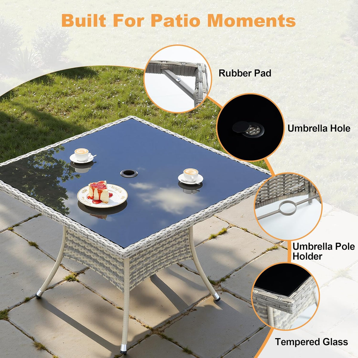 5 Piece Outdoor Patio Dining Set with Glass Table and Wicker Chairs