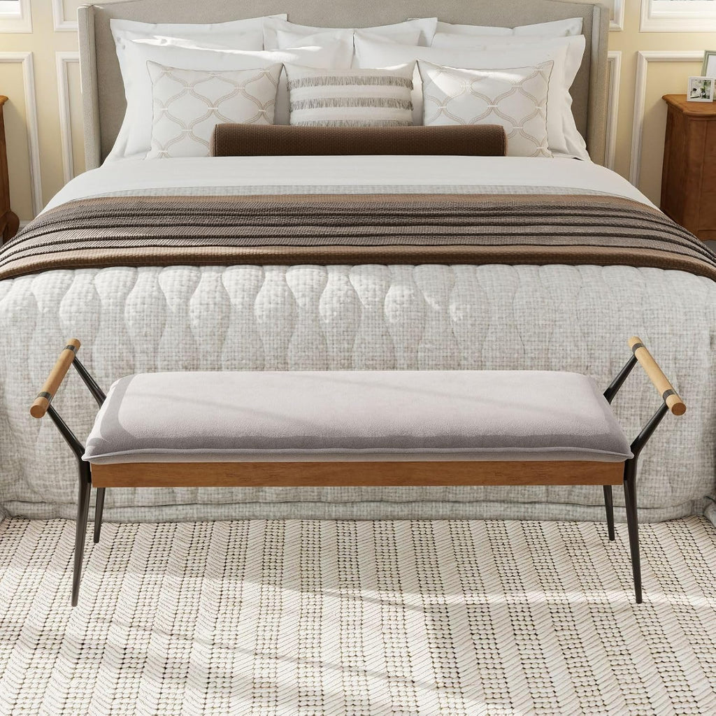 LukeAlon Modern Chenille Ottoman Bench with Arms & Metal Legs, Grey