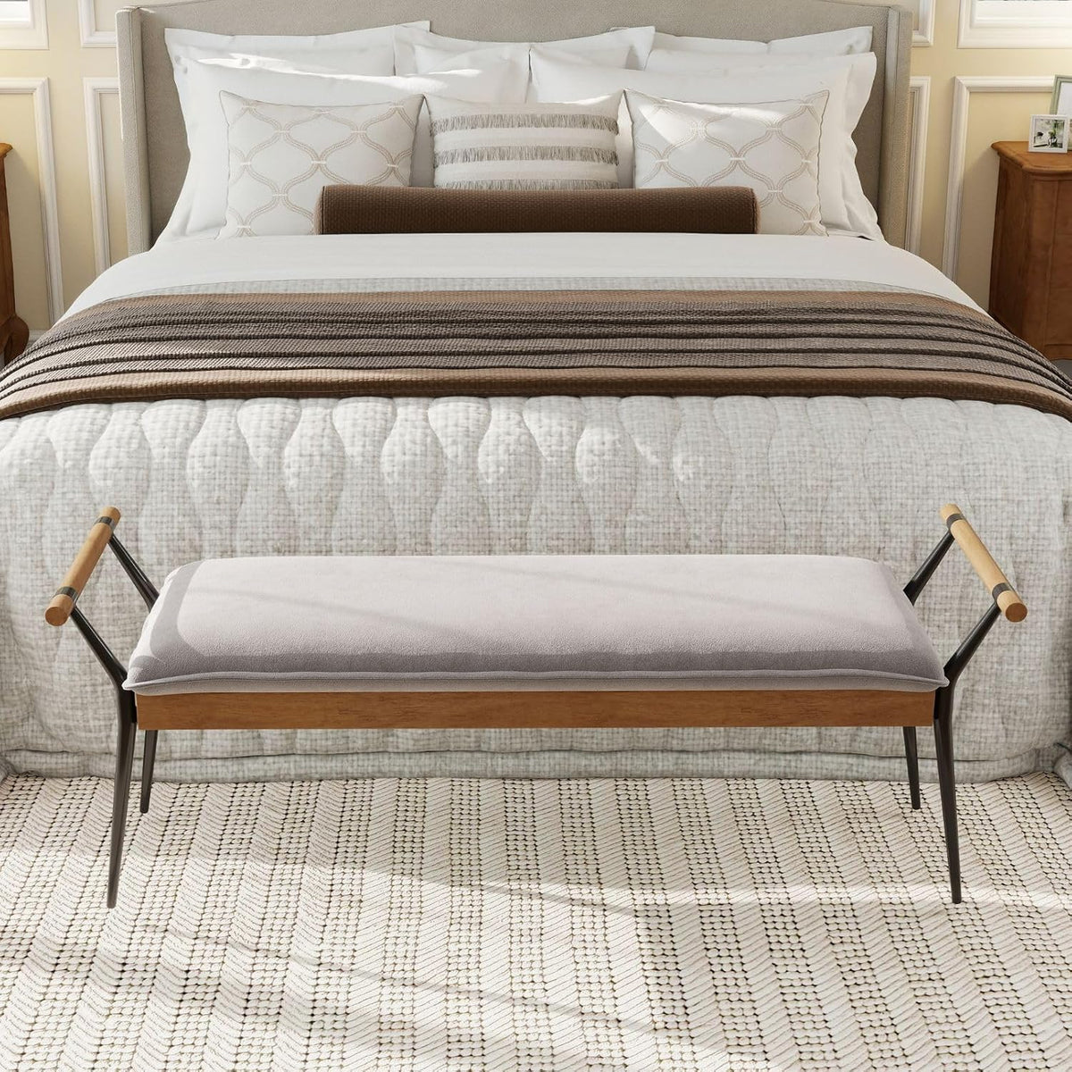 LukeAlon Modern Chenille Ottoman Bench with Arms & Metal Legs, Grey