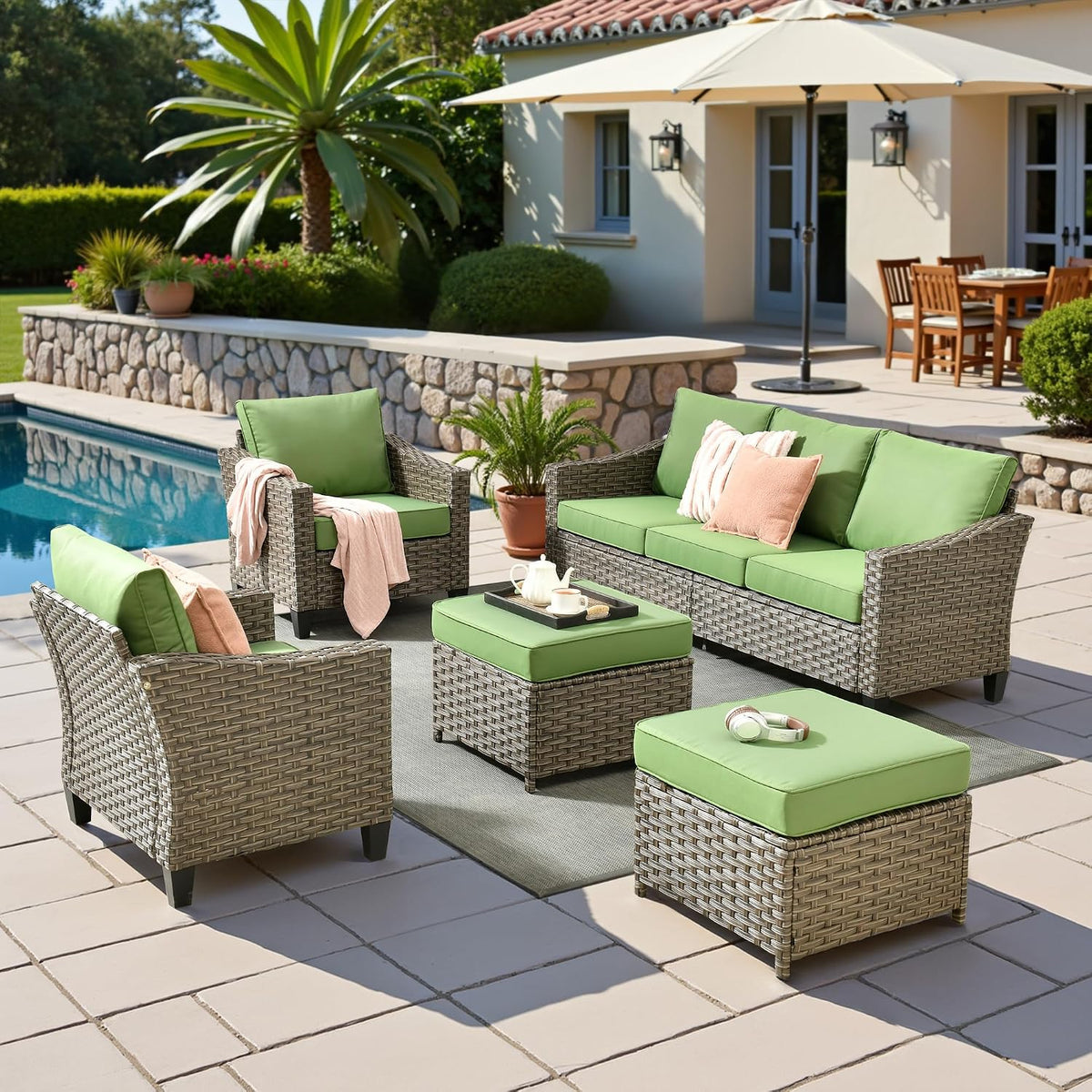 CAODOC 5 Pcs Patio Conversation Set for 7 Seats, Rattan Wicker Outdoor Patio Furniture Set, 2 x Single Chair, 2 x Ottoman, 3-Seat Sofa for Lawn Garden Backyard(Green)