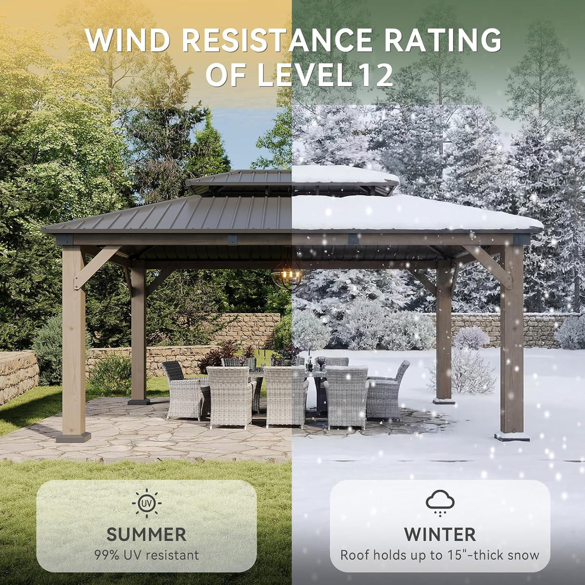 Aoxun 12' x 16' Outdoor Wood Gazebo, Hardtop Gazebo