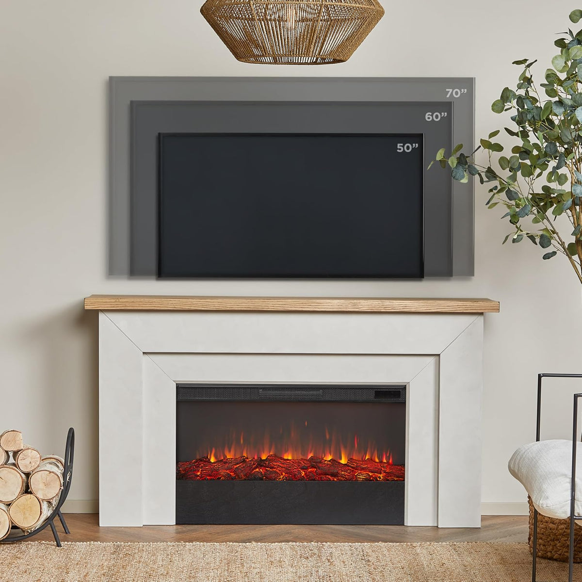 Real Flame Malie 68" Landscape Electric Fireplace with Mantel for Living Room or Bedroom, Replaceable Fireplace Insert Heater, Realistic Log and Flame Effect, Remote Control, Timer