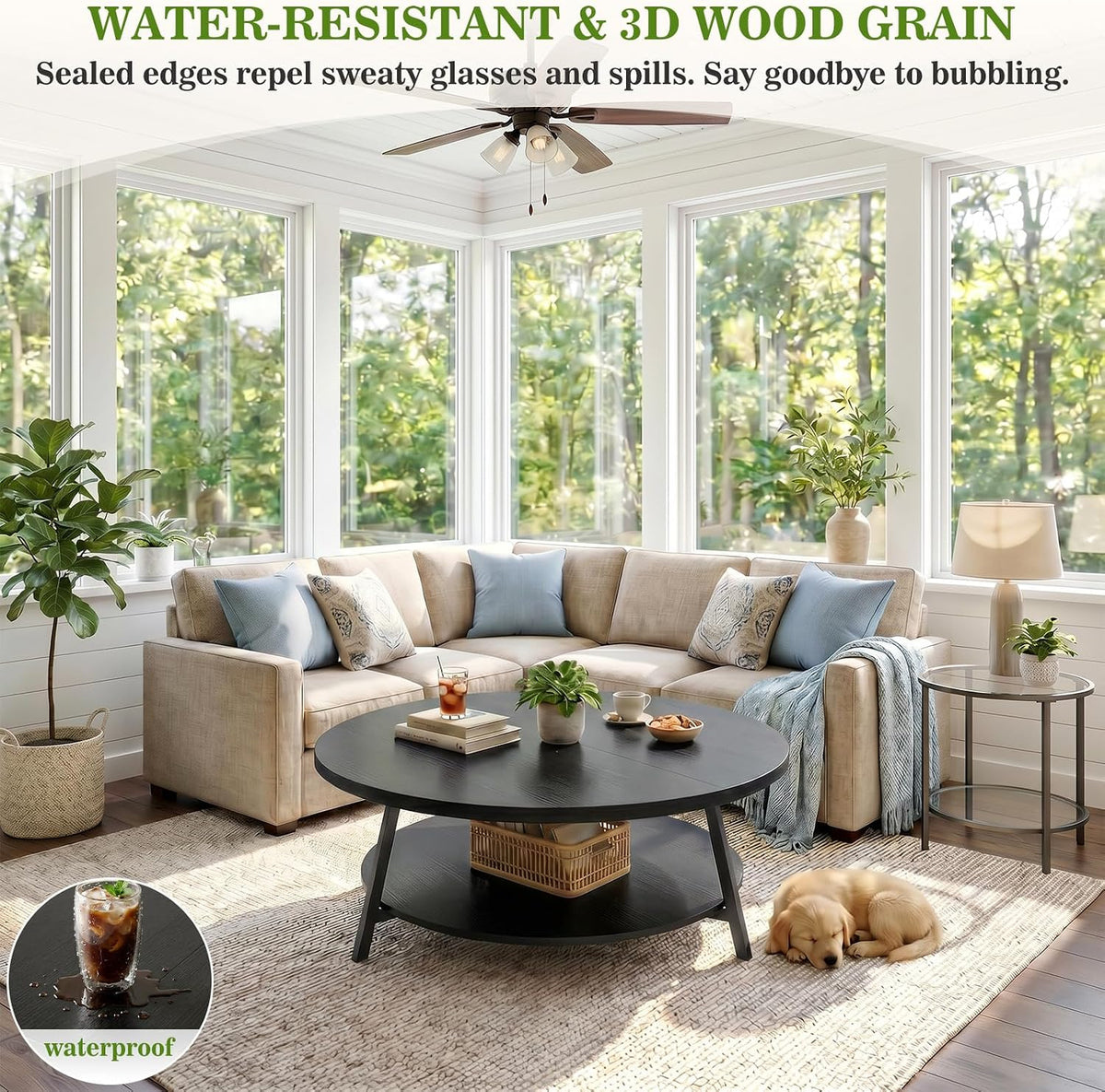 Armocity 35.4" Round Wood Coffee Table with 2-Tier Storage, 1" Thick Top