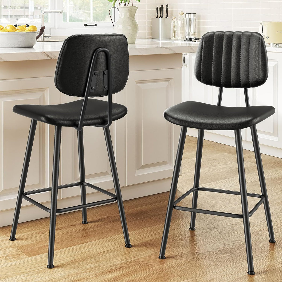 Raynesys 24-Inch Leather Bar Stools Set of 2 with High Backrest, Black