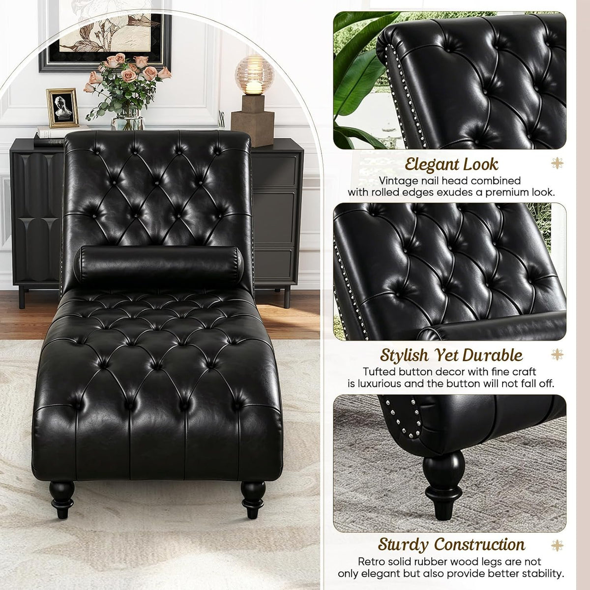Faux Leather Chaise Lounge Indoor with Toss Pillow, Modern Chaise Lounge Chair, Upholstered PU Armless Ergonomic Chairs with Tufted Buttons and Nail Heads for Living Room, Bedroom Furniture, Black