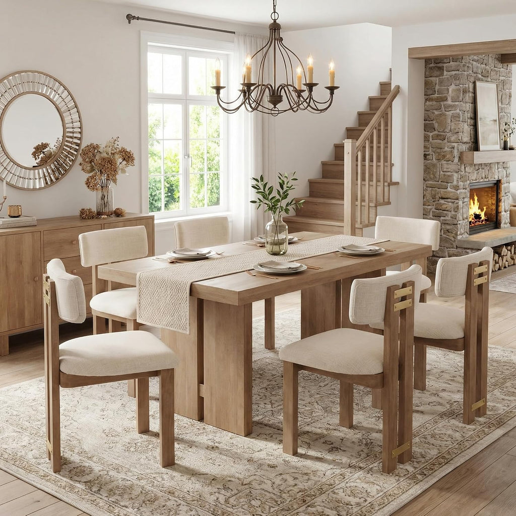 HNY Modern Linen Dining Chairs Set of 6 with Curved Back Support, Beige