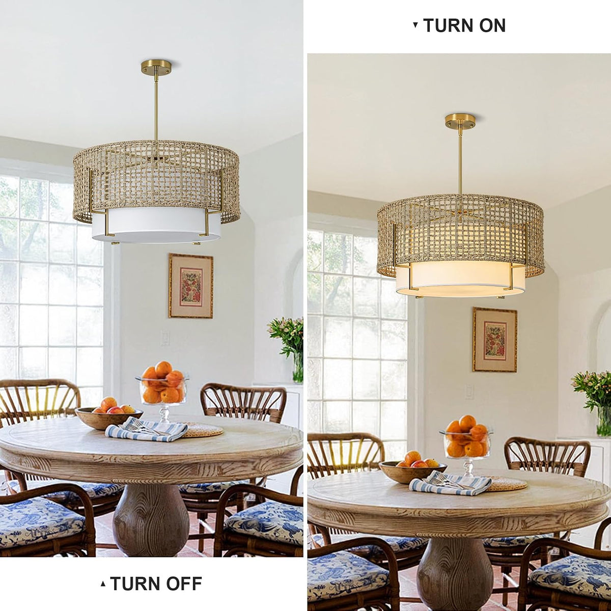 25.6" large rattan chandelier, 6-light boho rustic pendant, front angle view