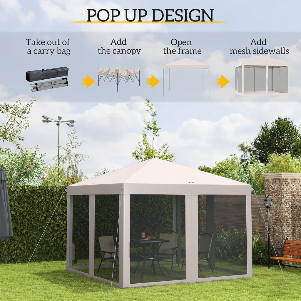 Outsunny 10' x 10' Pop Up Canopy Tent with Netting Carry Bag Beige