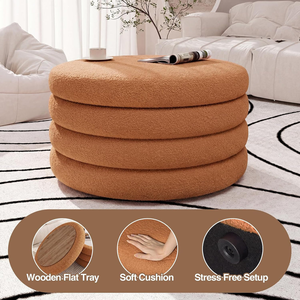 FiveWillowise 30 Inch Round Ottoman with Storage,Large Sherpa Coffee Table