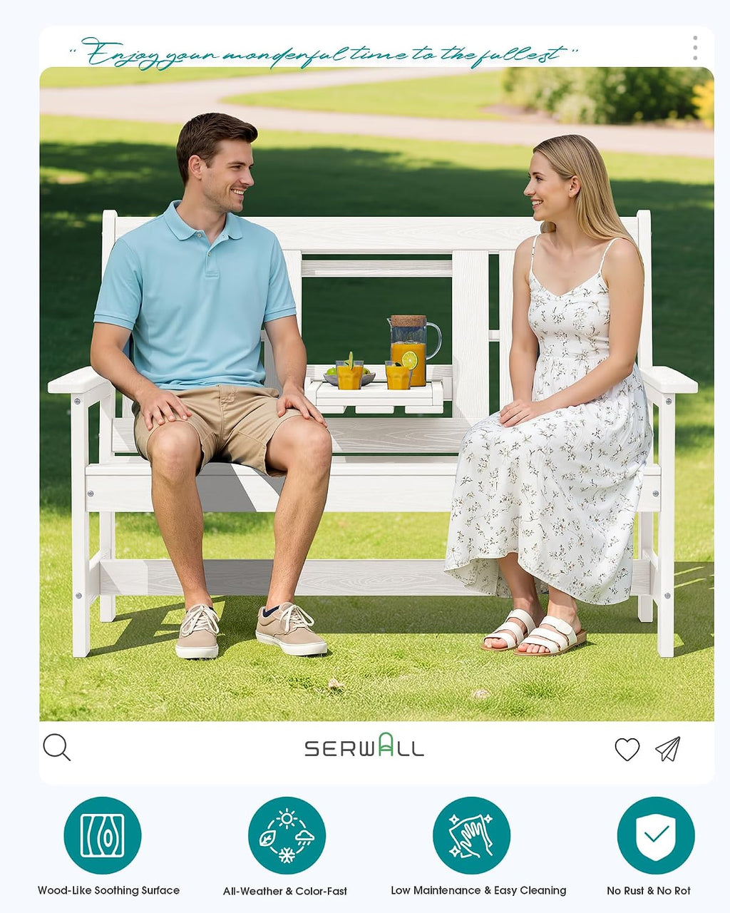 SERWALL HDPE Outdoor Bench with Cup Holder Oversized 58" Porch Bench, White