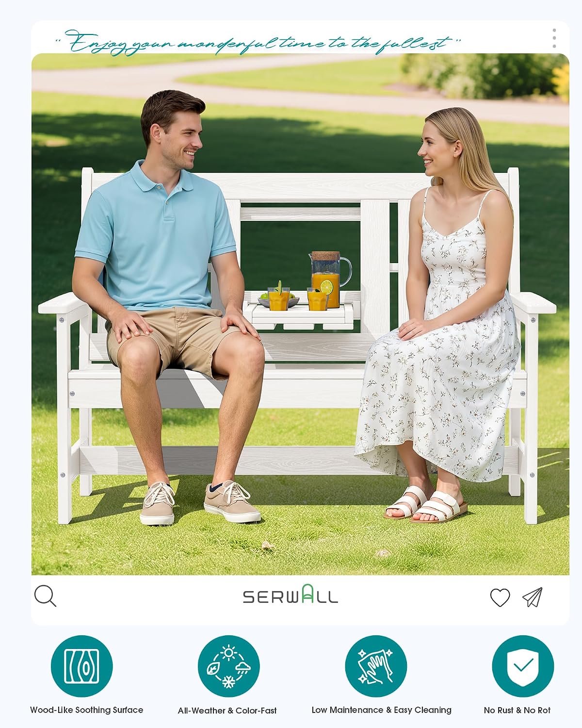 SERWALL HDPE Outdoor Bench with Cup Holder Oversized 58" Porch Bench, White
