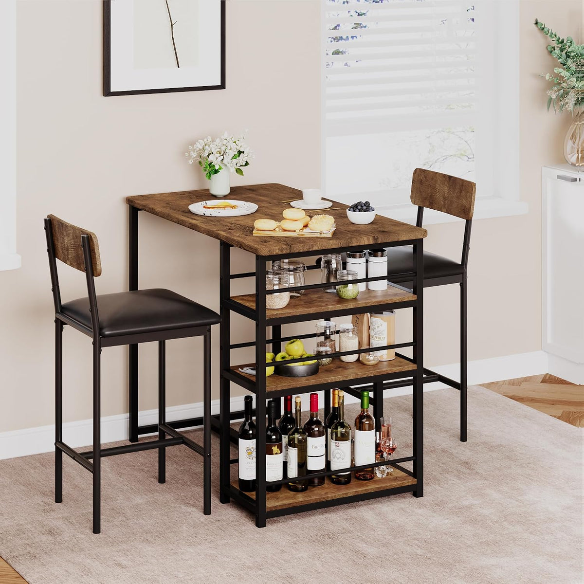 3-Piece Small Bar Table and Chairs Set for 2,Small Dining Table with 2 PU Cushioned Stools,3 Storage Shelves, Space Saving Kitchen Table Set for Breakfast Nook, Apartment, Bistro,Brown.