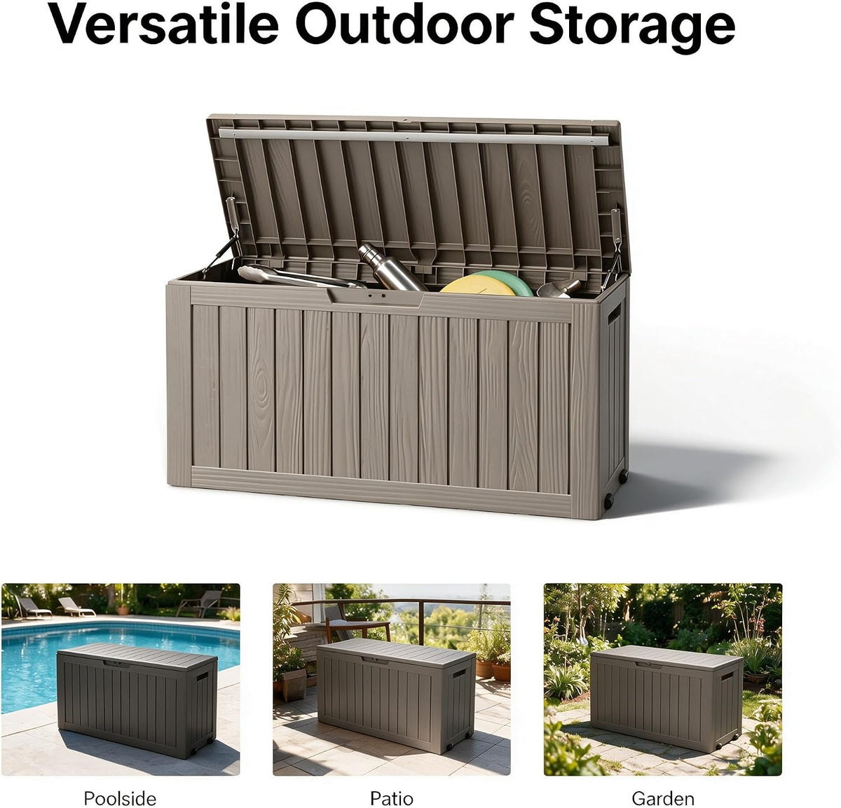 91 Gal Deck Box,Waterproof Resin Outdoor Storage Gas Lift,Lockable Grey