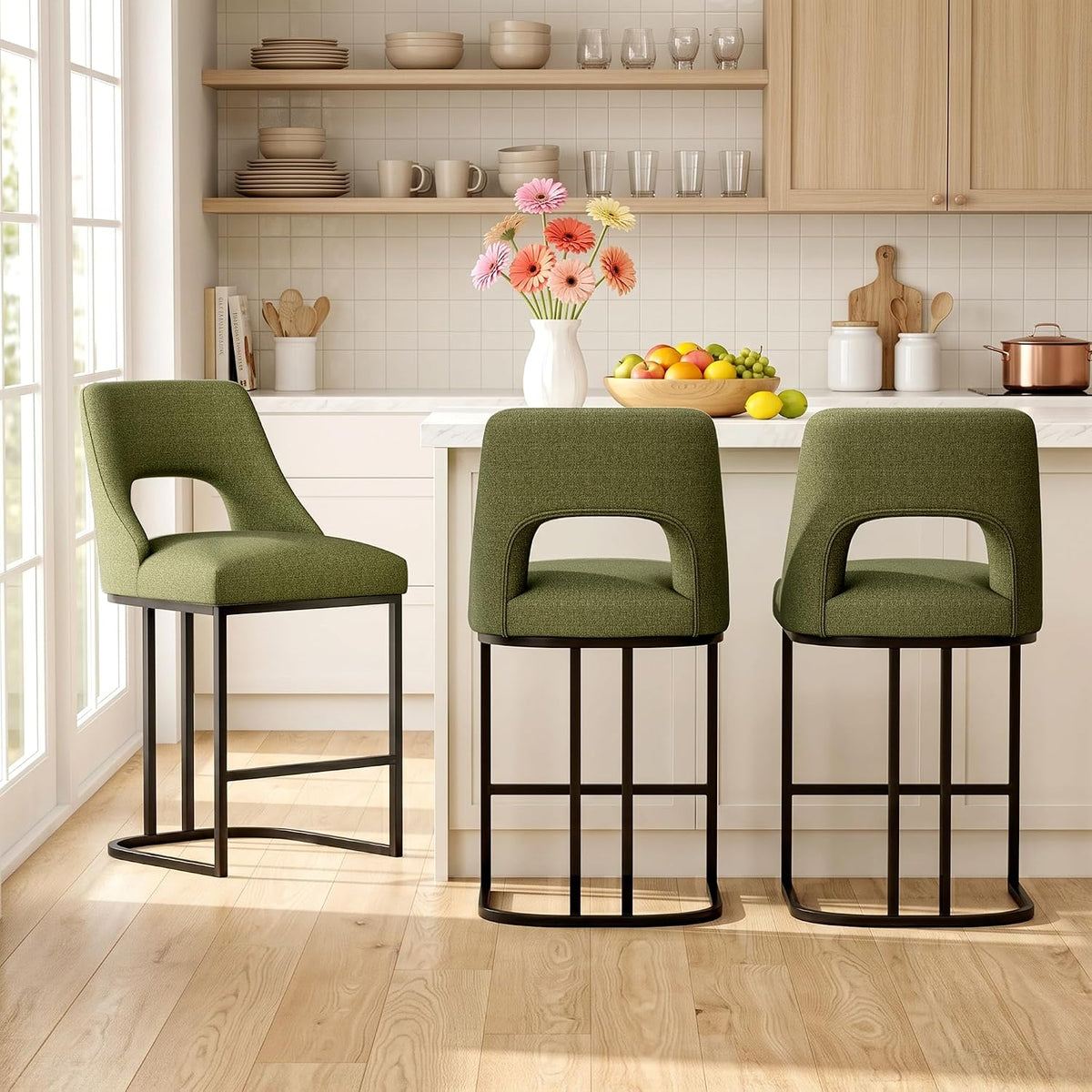 UVV Bar Stools Set of 4, Upholstered Counter Height Bar Stools with Sturdy Metal Legs Green Barstools for Bar Kitchen Island Dining Room